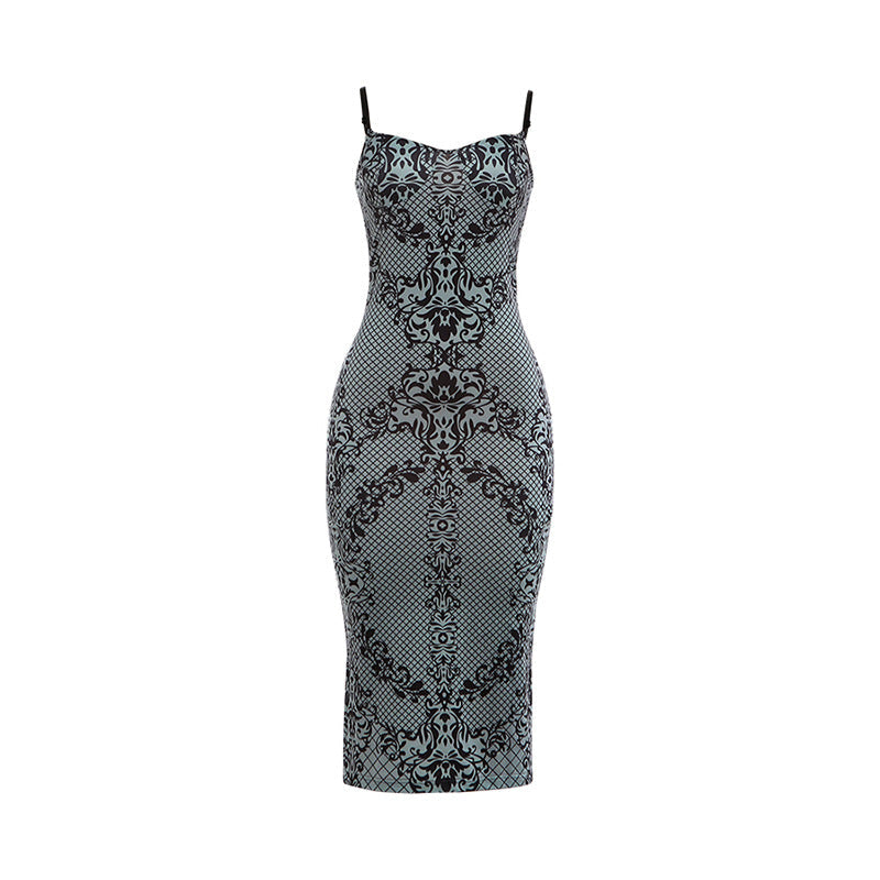 Damen Figurbetontes Kleid mit elegantem Muster und feinen Trägern R&B