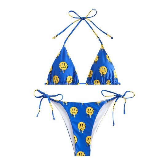 Damen Triangel-Bikini mit fröhlichem Smiley-Muster und verstellbaren Bindebändern R&B