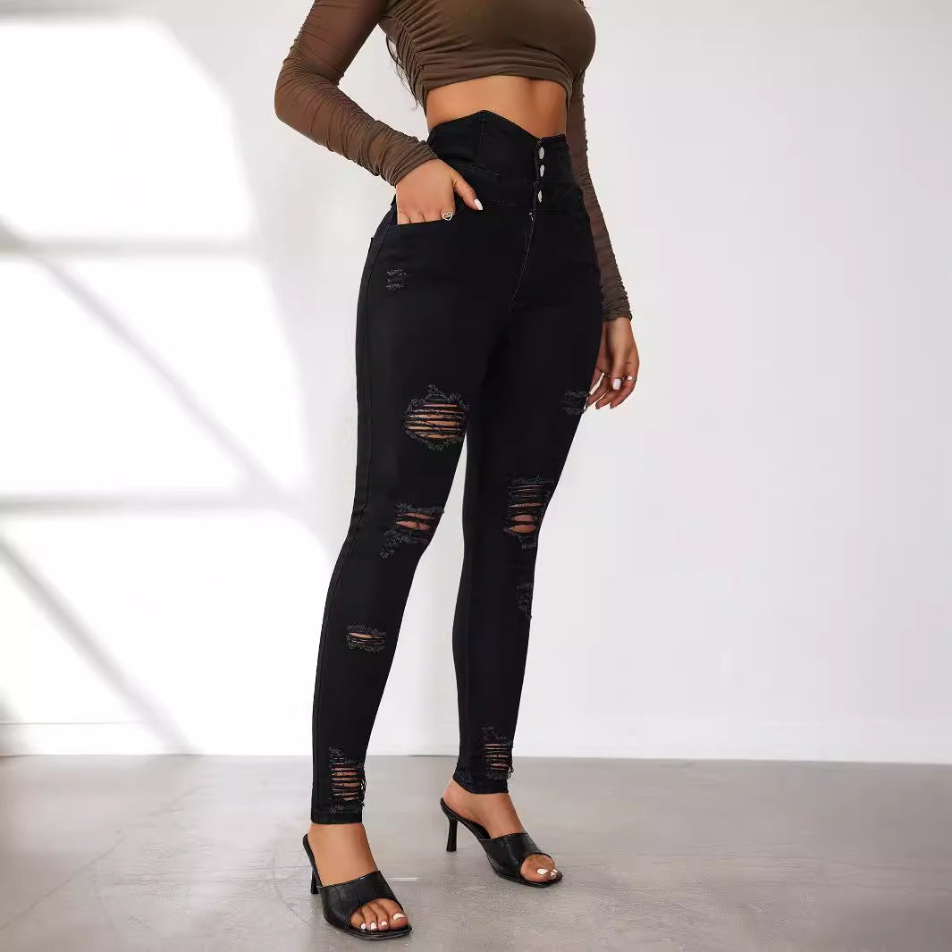 Damen High-Waist Jeans mit modischen Riss- und Knopfdetails R&B