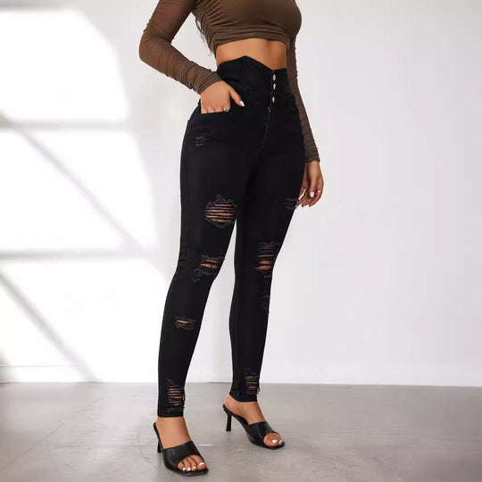 Damen High-Waist Jeans mit modischen Riss- und Knopfdetails R&B