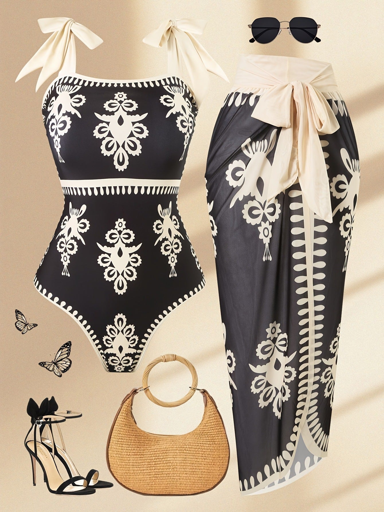 Damen eleganter Badeanzug mit verstellbaren Trägern und modischem Wickelrock R&B