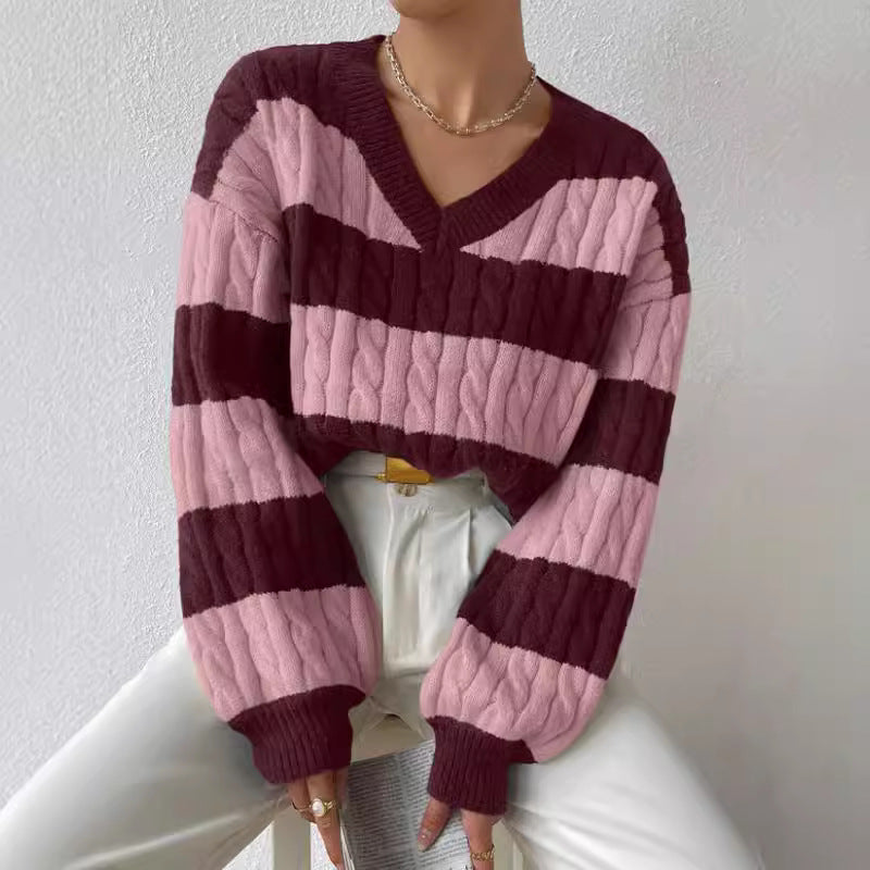 Damen V-Ausschnitt Strickpullover mit Rippstruktur und langen Ärmeln R&B
