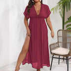 Damen luftiges Maxikleid mit tiefem V-Ausschnitt und seitlichen Schlitzen R&B