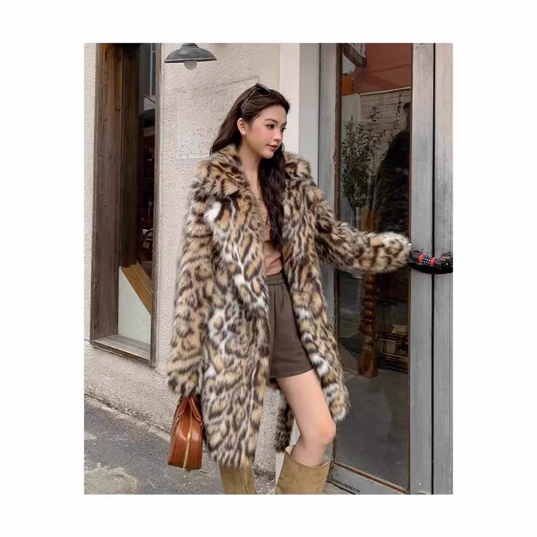 Damen Elegante und modische Kunstpelzjacke mit animalischem Muster R&B