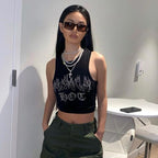 Damen Crop-Top mit auffälligem Flammenmotiv und glänzenden Akzenten R&B