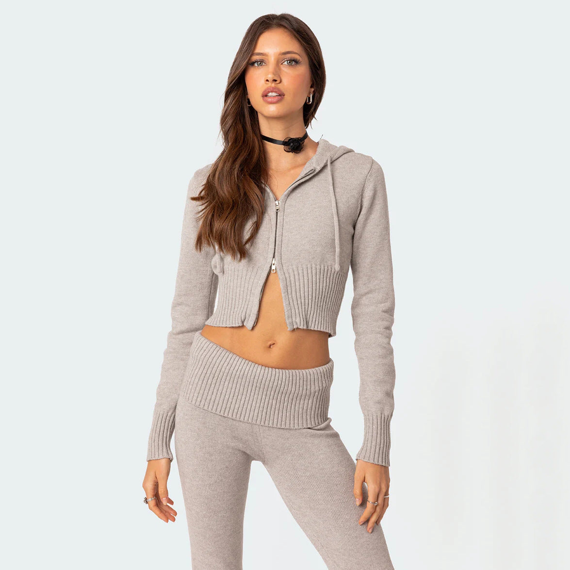 Damen Cropped Strick-Set mit hoher Taille und weitem Bein R&B