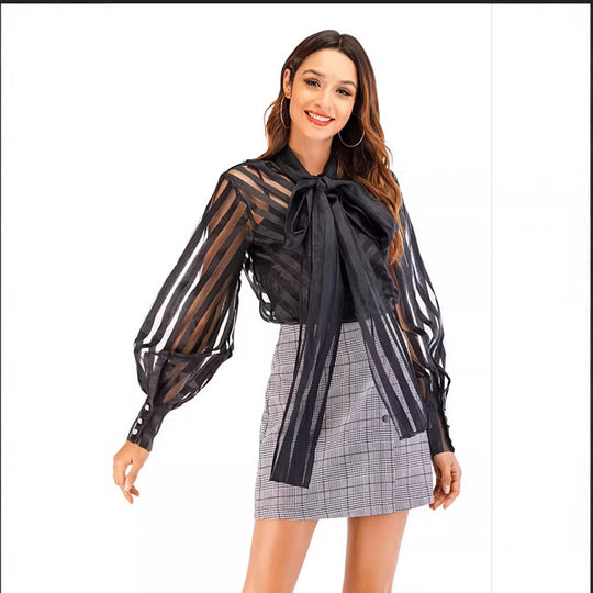 Damen Elegante Bluse mit voluminösem Schleifenkragen und trendigem Streifenmuster R&B