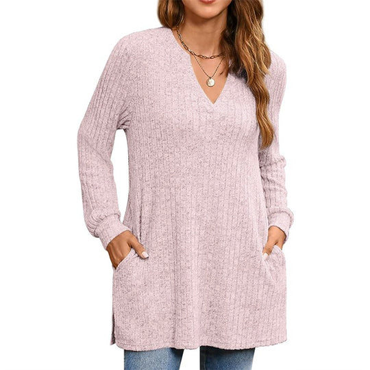 Damen Strickpullover mit V-Ausschnitt und praktischen Taschen R&B