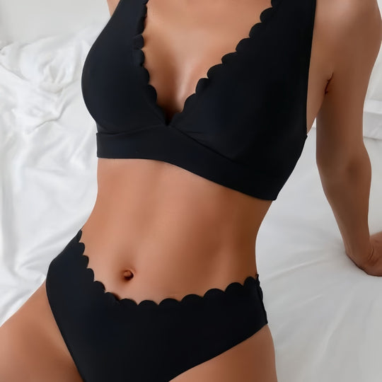 Damen Bikini-Set mit eleganten Wellenkanten und tiefem V-Ausschnitt R&B