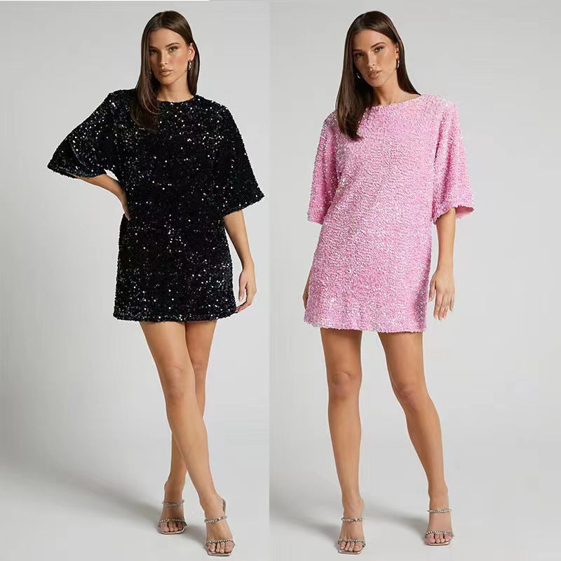 Damen Glamouröses Pailletten-Minikleid mit weit geschnittenen Ärmeln und elegantem Sneaker-Look R&B