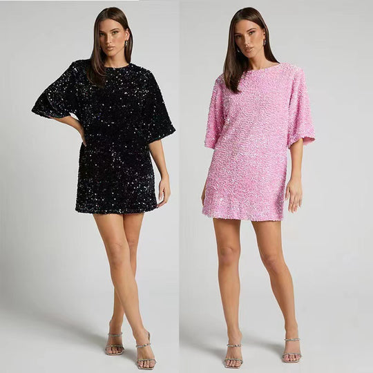 Damen Glamouröses Pailletten-Minikleid mit weit geschnittenen Ärmeln und elegantem Sneaker-Look R&B