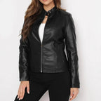 Damen Kunstlederjacke mit Stehkragen und asymmetrischem Reißverschluss
