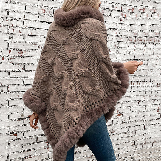 Damen kuschelige Strick-Poncho mit weichem Kunstfellbesatz und Zopfmuster R&B