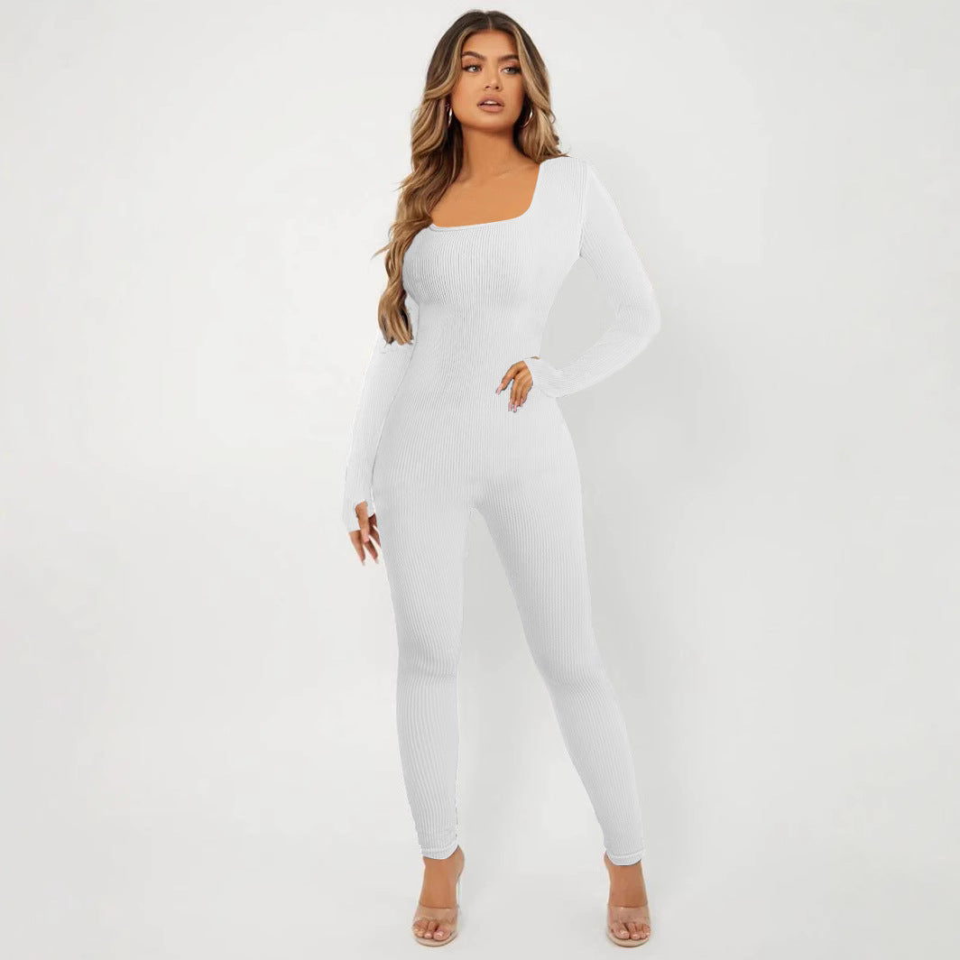 Damen Langarm Jumpsuit im eleganten Rippenmuster R&B