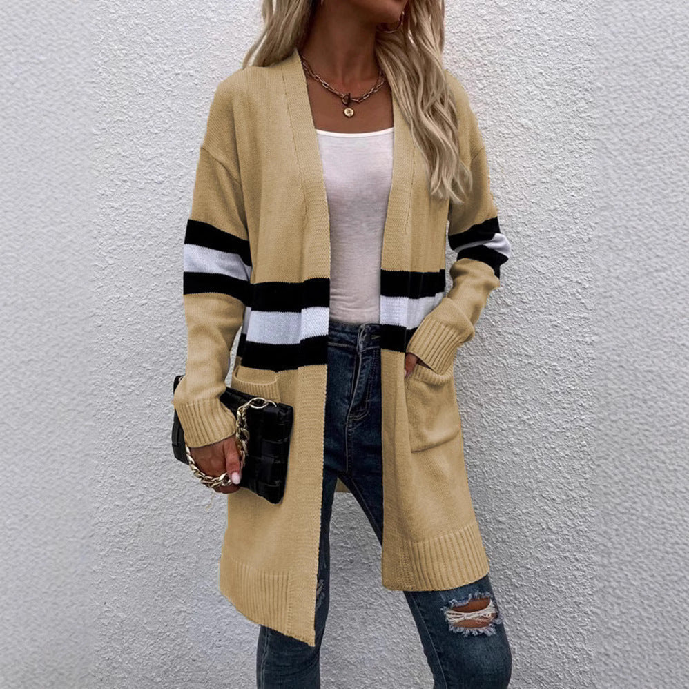 Damen Strickcardigan mit sportlichen Streifen und offenen Taschen R&B
