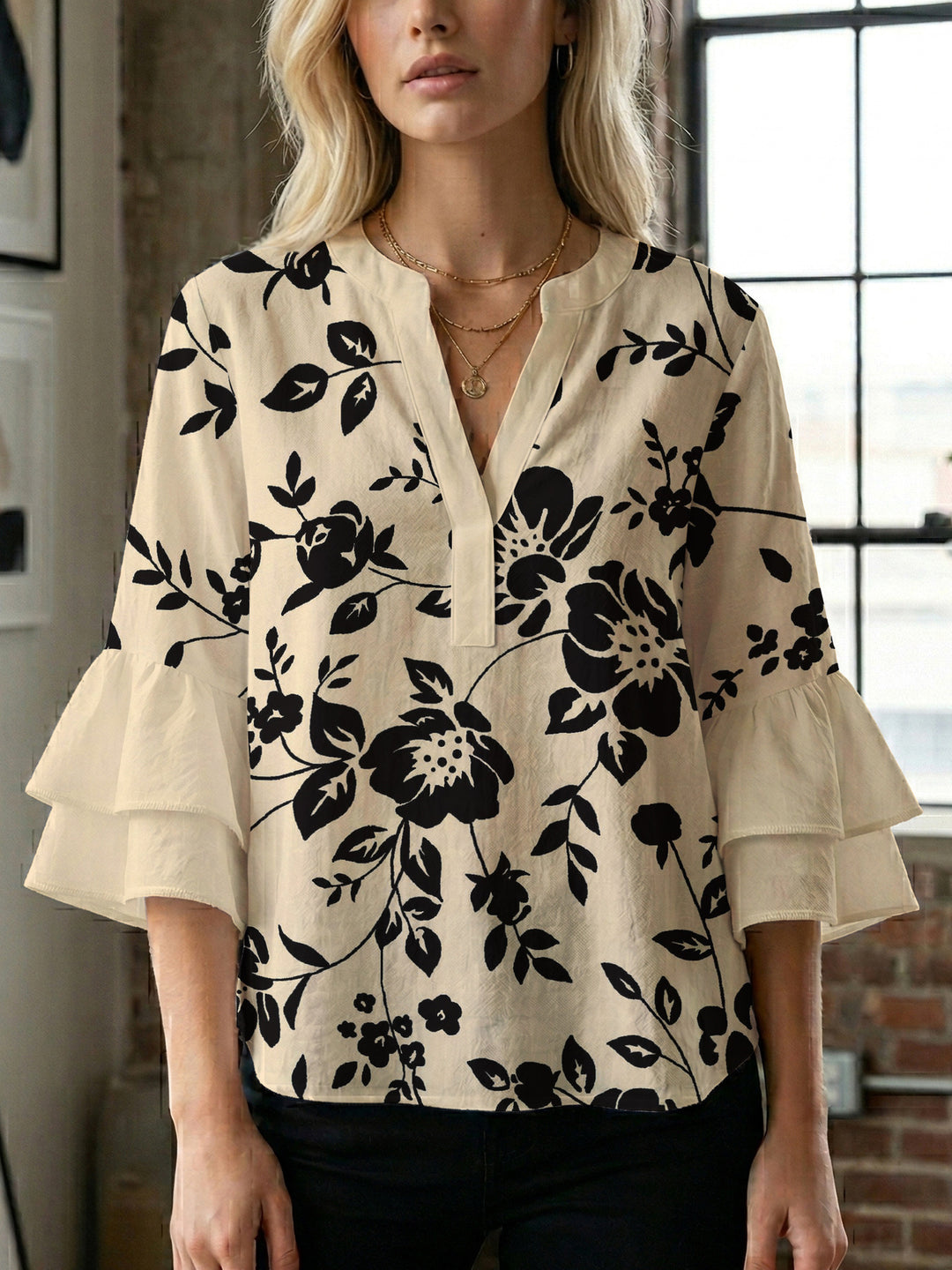 Damen lässige Bluse mit Volantärmeln und botanischem Druck R&B