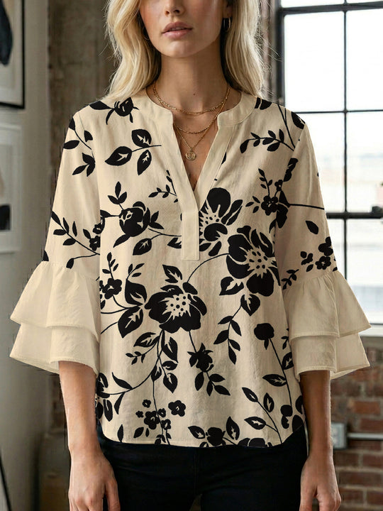 Damen lässige Bluse mit Volantärmeln und botanischem Druck R&B