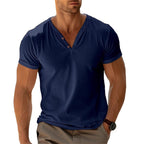 Herren nan tailliertes Henley-T-Shirt mit V-Ausschnitt kurzer Knopfleiste und krempelbaren Ärmeln R&B