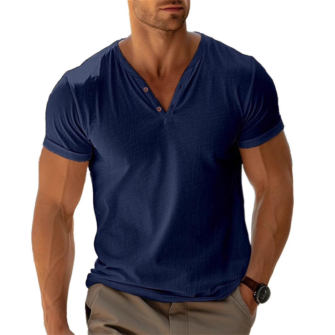 Herren nan tailliertes Henley-T-Shirt mit V-Ausschnitt kurzer Knopfleiste und krempelbaren Ärmeln R&B