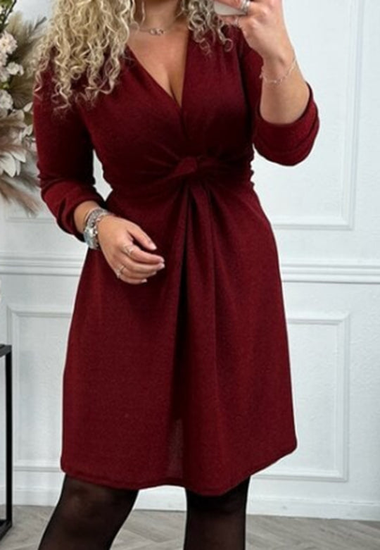 Damen nan knielanges V-Ausschnitt-Kleid mit geraffter Taillenpasse aus leichtem Glanzstrick R&B