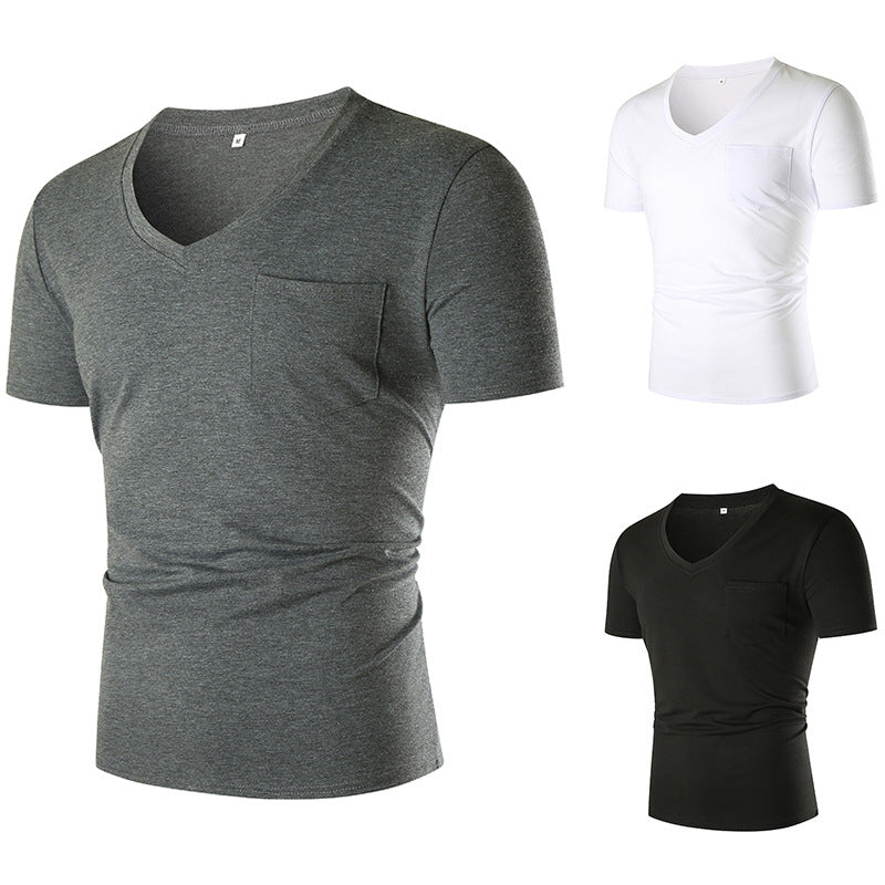 Herren V-Ausschnitt T-Shirt mit Brusttasche und figurbetonter Passform