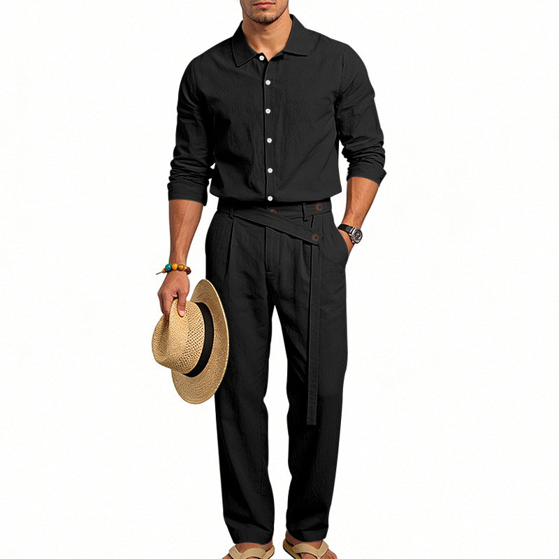 Herren nan eleganter Leinen-Zweiteiler mit Hemd und Hose mit hohem Bund und Bindegürtel R&B