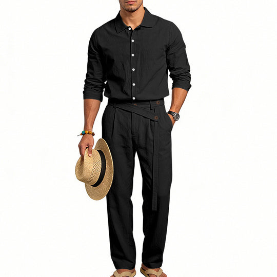 Herren nan eleganter Leinen-Zweiteiler mit Hemd und Hose mit hohem Bund und Bindegürtel R&B