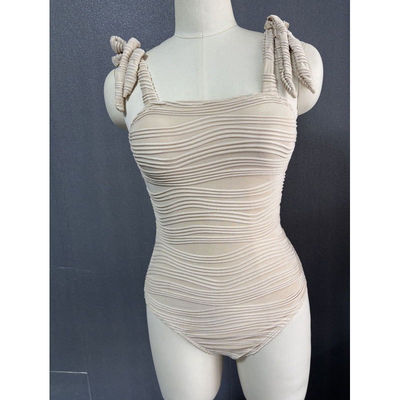 Damen Einteiler Badeanzug mit modischem Wickelrock und eleganten Bindebändern R&B