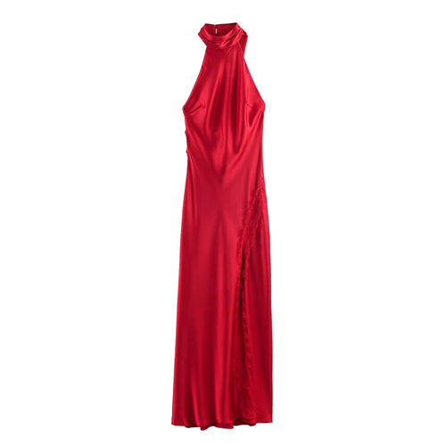 Damen Lange Abendrobe mit elegantem Kragen und Spitzenakzenten R&B