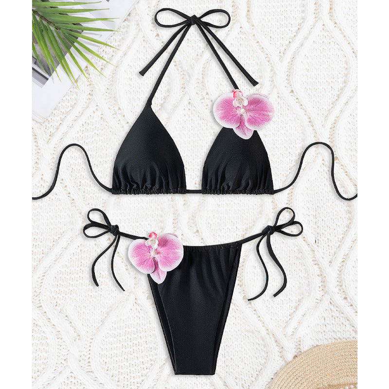 Damen Triangel-Bikini mit dekorativen Orchideen-Details R&B