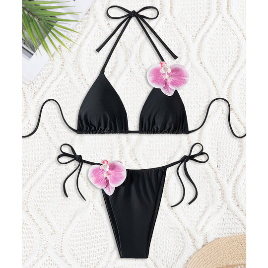 Damen Triangel-Bikini mit dekorativen Orchideen-Details R&B