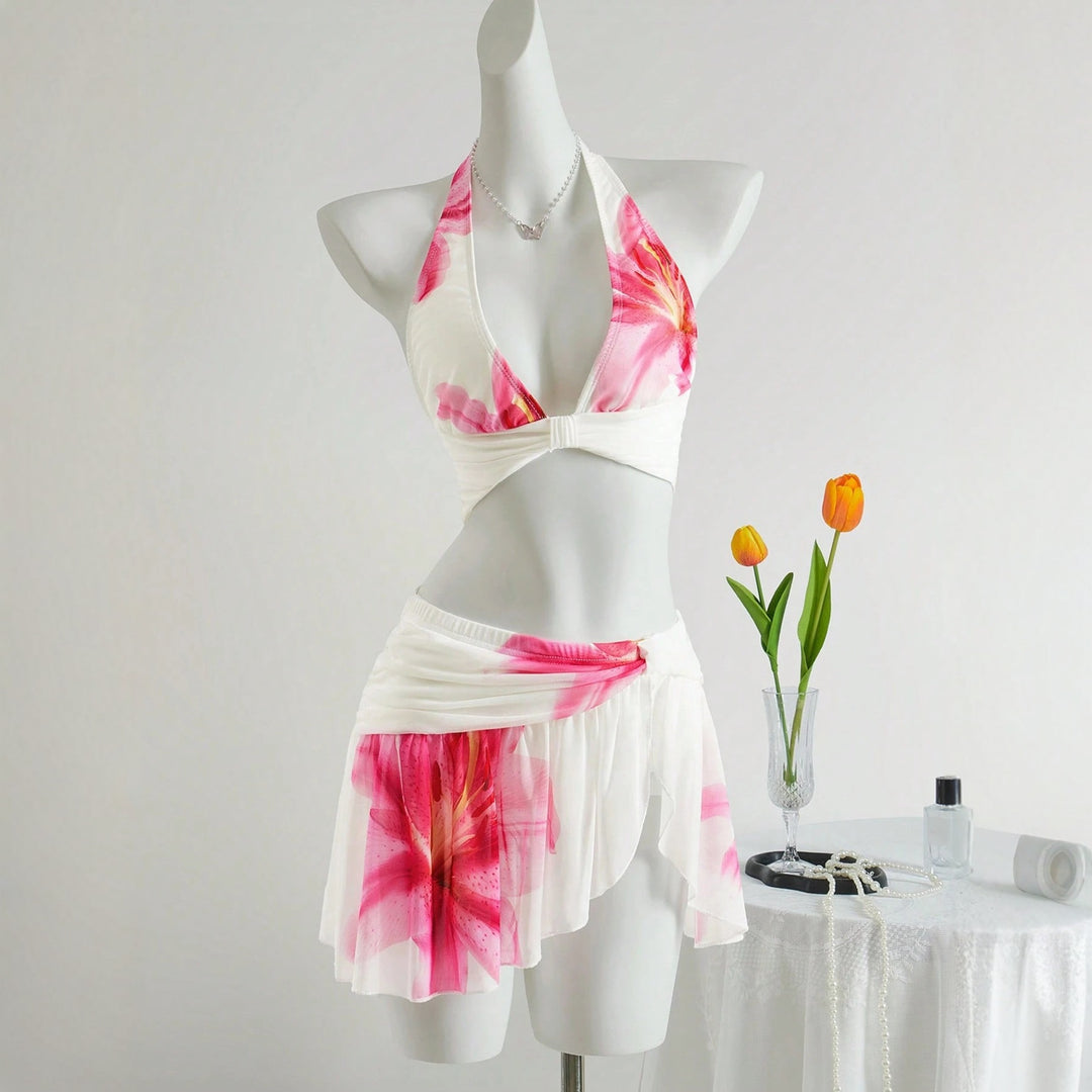 Damen Blumenmuster Bikini-Set mit elegantem Rock R&B