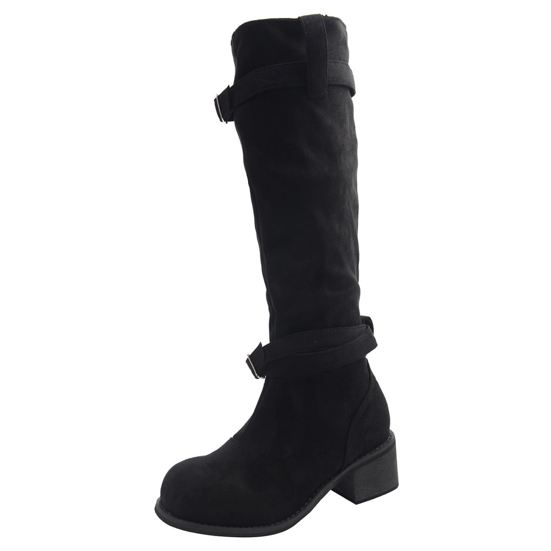 Damen hohe Stiefel mit modischen Schnallen und bequemem Blockabsatz R&B