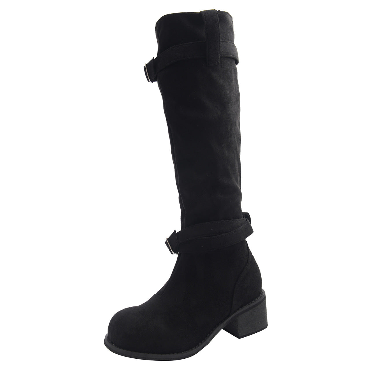 Damen hohe Stiefel mit modischen Schnallen und bequemem Blockabsatz R&B