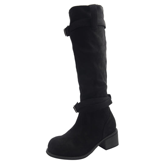 Damen hohe Stiefel mit modischen Schnallen und bequemem Blockabsatz R&B