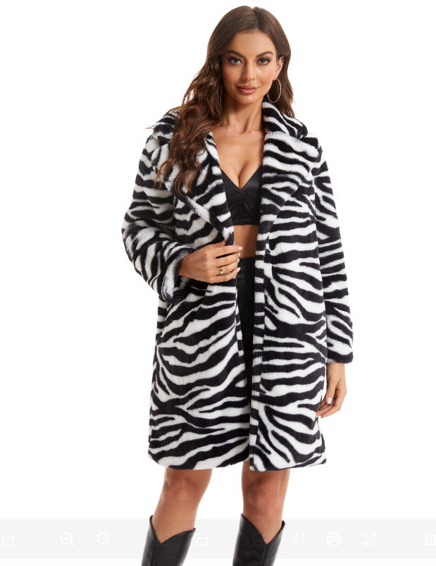 Damen Stylish und flauschiger Kunstfellmantel mit Zebra-Design R&B