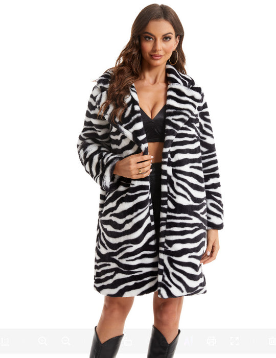 Damen Stylish und flauschiger Kunstfellmantel mit Zebra-Design R&B
