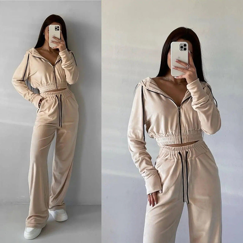 Damen Velours-Cropped-Hoodie und weite Jogginghose Set
