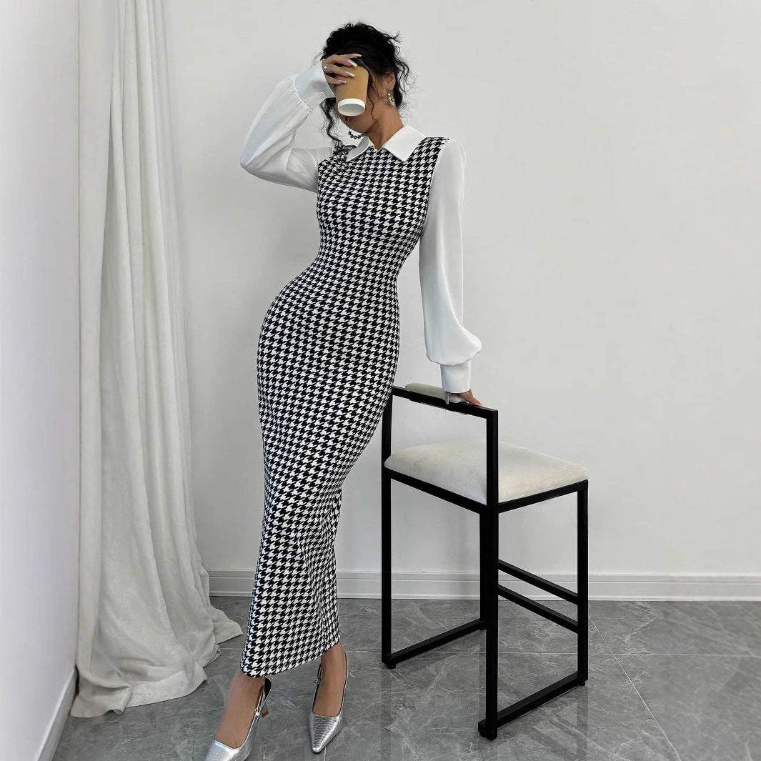 Damen elegantes Midirkleid mit glänzenden Puffärmeln R&B