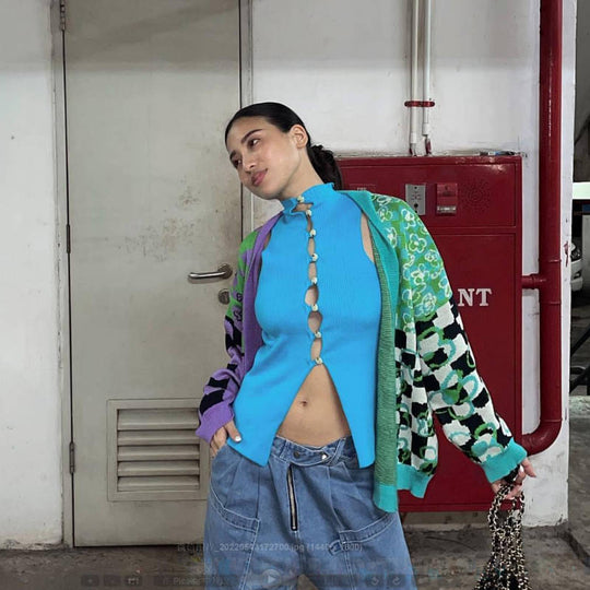 Damen Ärmelloses Stricktop mit einzigartiger Knopfleiste R&B