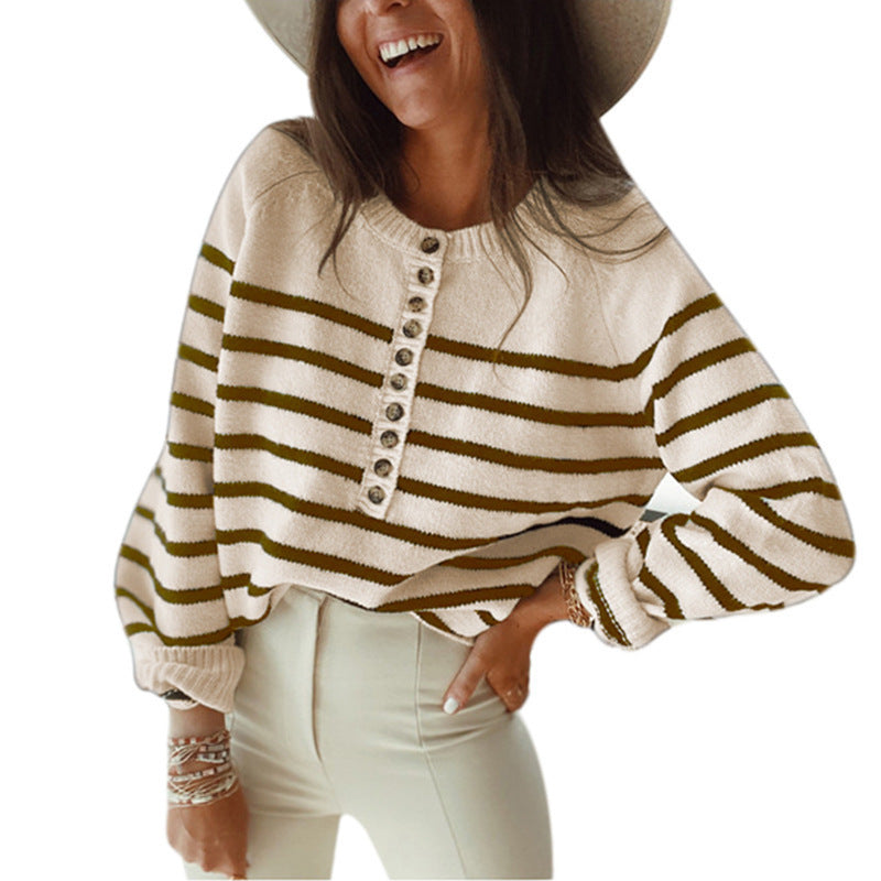 Damen Streifenstrickpullover mit Knopfleiste und weitem Schnitt R&B