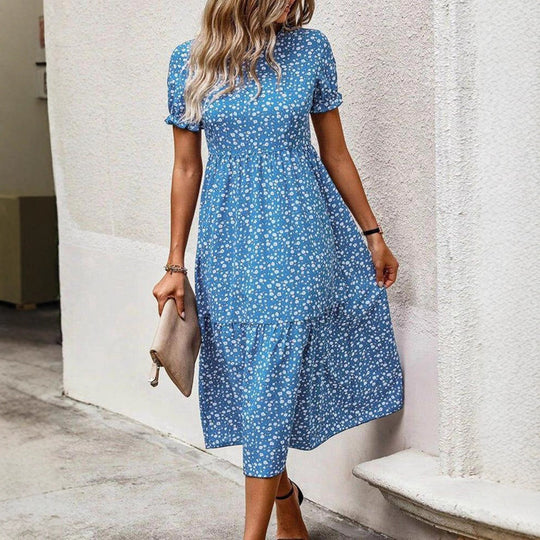 Damen nan luftiges Midikleid mit durchgehendem Blumenmuster, geraffter Taillennaht und kurzen Puffärmeln R&B