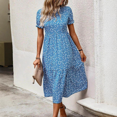 Damen nan ausgestelltes Midikleid mit hohem Rundhalsausschnitt, Puffärmeln, geraffter Empire-Taille und Stufensaum R&B