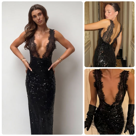 Damen Glitzerndes Spitzenkleid mit tiefem V-Ausschnitt und figurbetontem Schnitt R&B