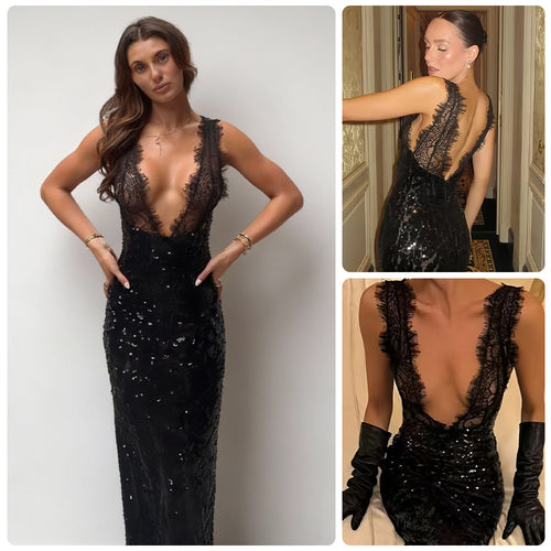 Damen Glitzerndes Spitzenkleid mit tiefem V-Ausschnitt und figurbetontem Schnitt R&B
