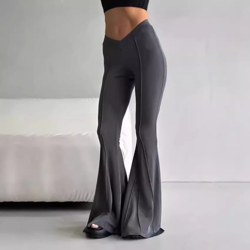 Damen Flared Hose mit V-Ausschnitt und dekorativem Nahtdesign R&B