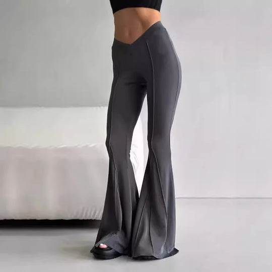 Damen Flared Hose mit V-Ausschnitt und dekorativem Nahtdesign R&B