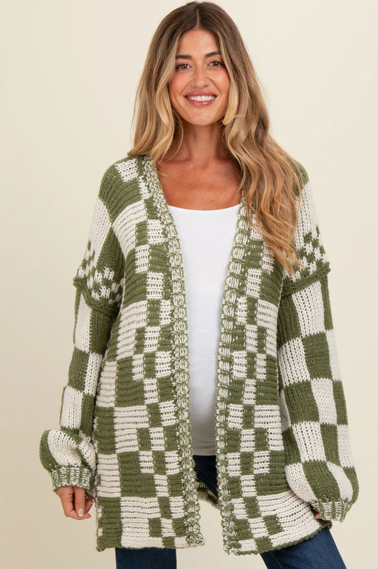 Damen lässiger Strickcardigan mit Karomuster und oversized Schnitt R&B