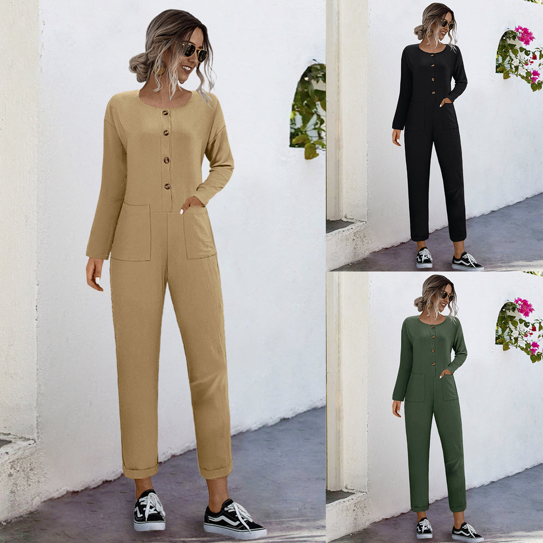 Damen lässiger Jumpsuit mit praktischen Taschen und elegantem Knopfdesign R&B
