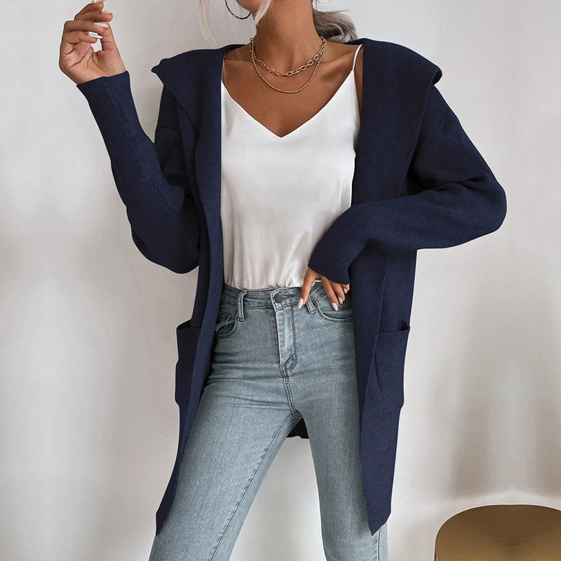 Damen Langärmlige Strickjacke mit Kapuze und seitlichen Taschen R&B